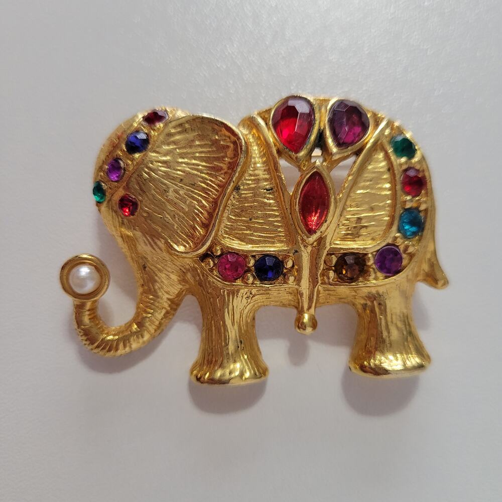 Vintage Elephant Gold Tone Brooch w Multicolor Stones Faux Pearl Mogul Statement